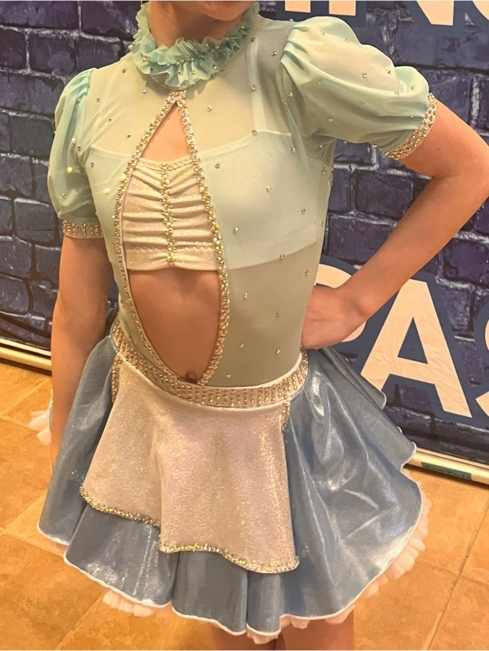 Kids Light Blue stoned Alice inspired  Dance Costume, jazz, musical theater acro